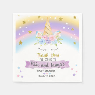 Unicorn, gold stars & rainbow baby shower napkins. napkin