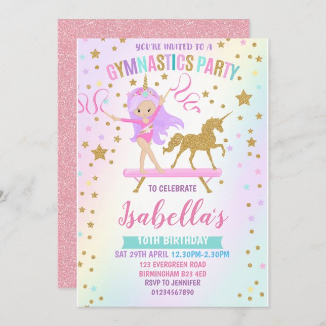 Unicorn Gymnastics birthday Invitation (Front/Back)