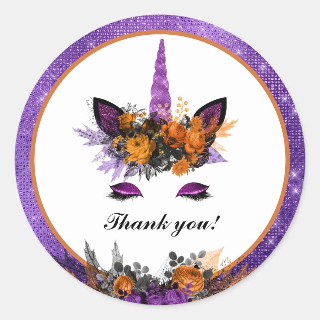Unicorn Halloween Floral Birthday Thank You Classic Round Sticker (Front)