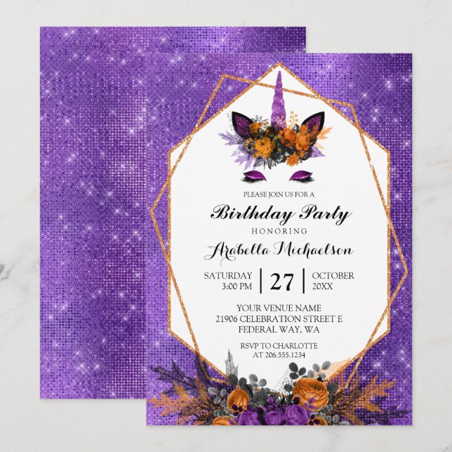 Unicorn Halloween Floral Purple Sparkle Birthday Invitation (Front/Back)
