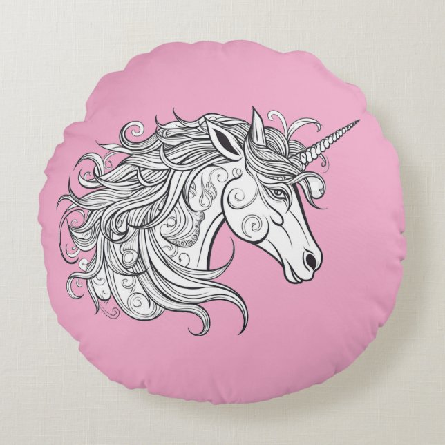 Unicorn Head Drawing (PINK BGRD) Round Cushion (Front)