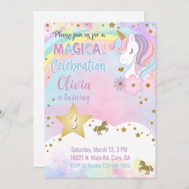 Unicorn head & flowers girl birthday invitation. invitation (Front/Back)