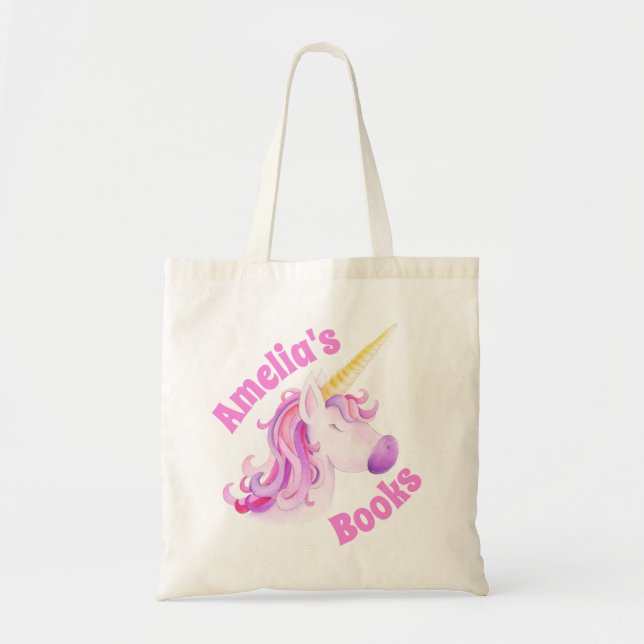 Unicorn head whimsy art kids name book bag (Front)