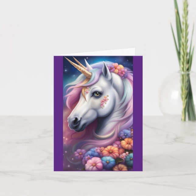 Unicorn Head With Flowers Birthday Greeting Card (Front)