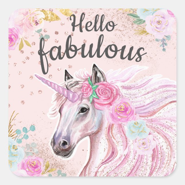 Unicorn Hello Fabulous Pink Floral Gold Glitter  Square Sticker (Front)