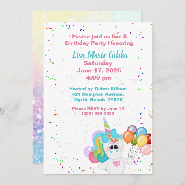 Unicorn Holding  Balloons Birthday Invitation (Front/Back)
