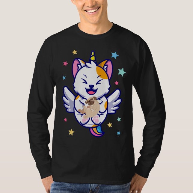 Unicorn Holding Dog Pug Kawaii Anime Men LS T-Shirt (Front)