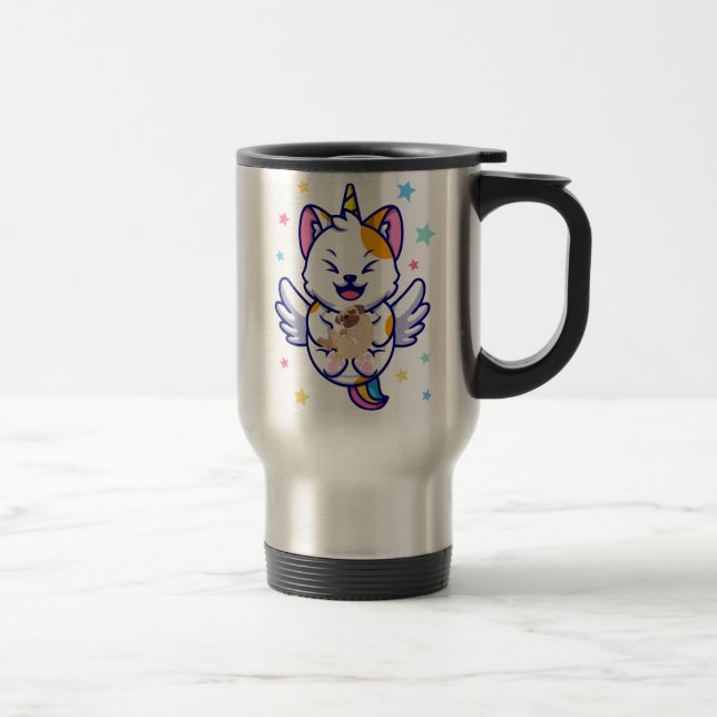 Unicorn Holding Dog Pug Kawaii Anime Travel Mug (Right)