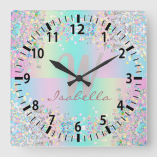Unicorn Holographic Glitter Square Wall Clock