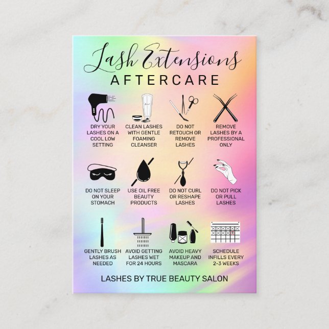 Unicorn Holographic Lash Extensions Aftercare Icon Business Card (Front)