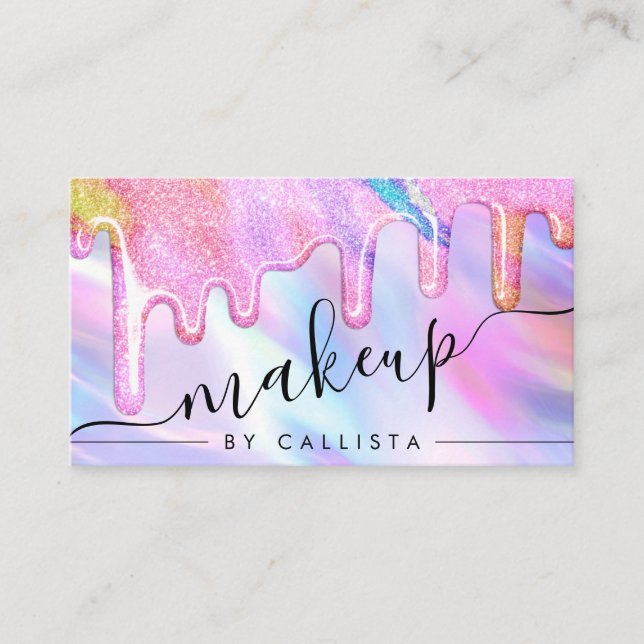 Unicorn Holographic Thick Glitter Drips Makeup Business Card (Front)