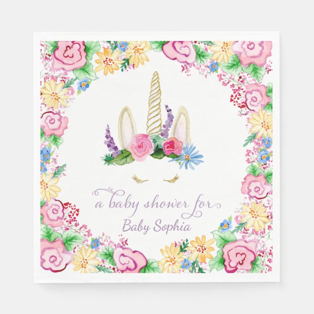 Unicorn Horn BOHO Floral Crown Baby Girl Shower Napkin (Front)