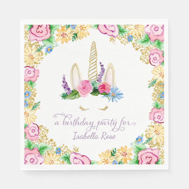 Unicorn Horn BOHO Floral Crown Birthday Party Art Napkin (Front)