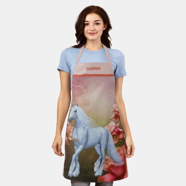 Unicorn Horse And Roses Personalised Apron (Worn)