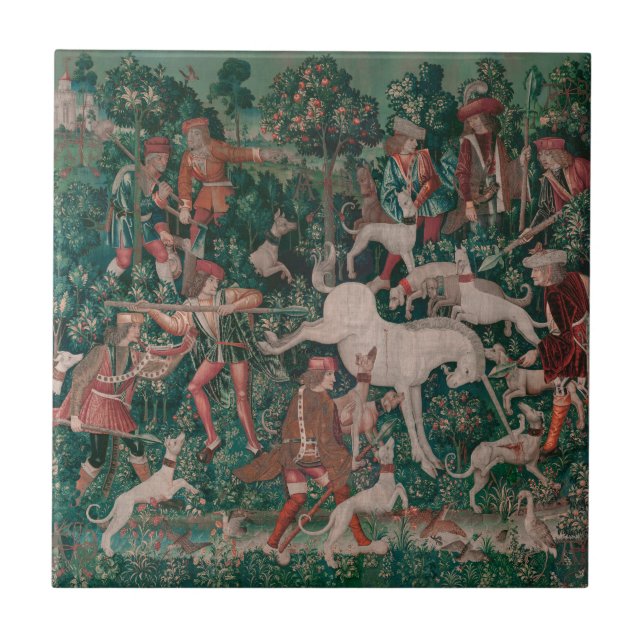 Unicorn Hunt Mediaeval Art - Unicorn Defends Himse Tile (Front)