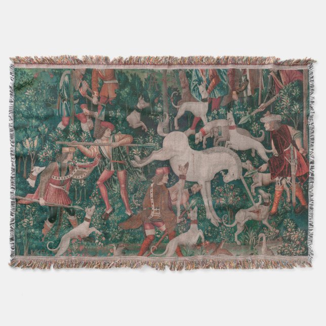Unicorn Hunt Mediaeval Art, Unicorn Defends Himsel Throw Blanket (Front)