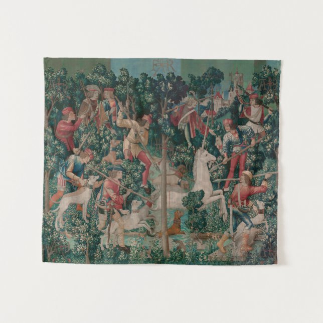 Unicorn Hunt Mediaeval Art - Unicorn Is Attacked Tapestry (Front (Horizontal))