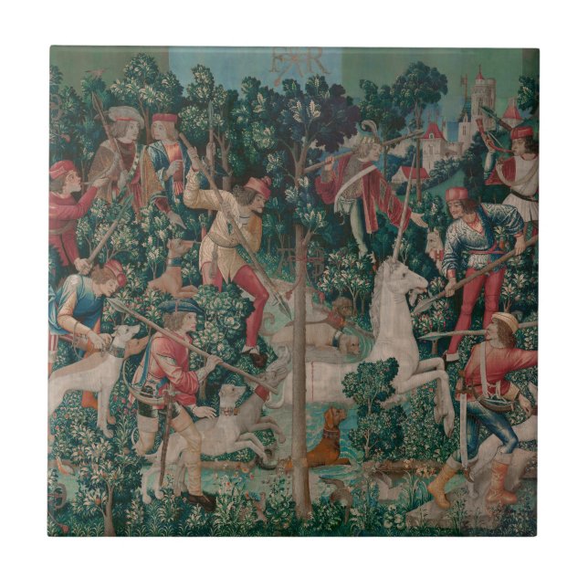 Unicorn Hunt Mediaeval Art - Unicorn Is Attacked Tile (Front)