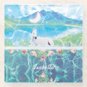 Unicorn in a paradise dream world glass coaster