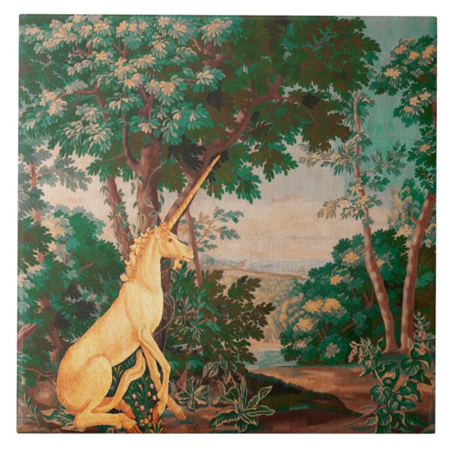 UNICORN IN GREEN WOODLAND LANDSCAPE,TREES,GREENERY TILE (Front)
