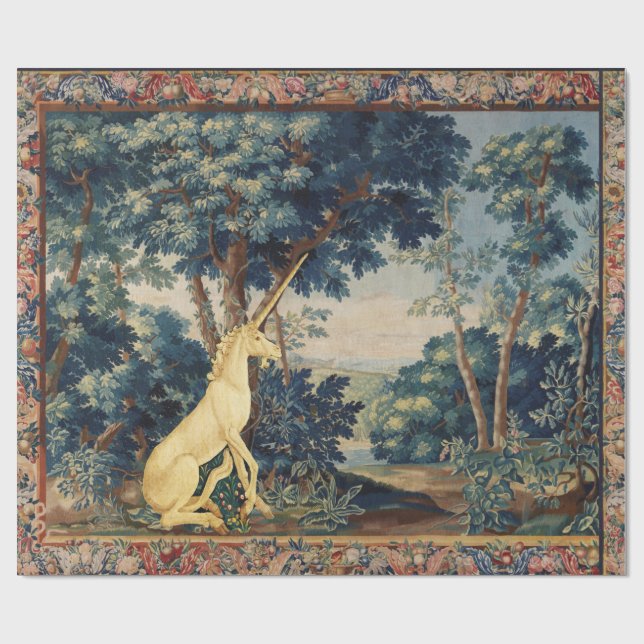 UNICORN IN WOODLAND LANDSCAPE,TREES,GREENERY WRAPPING PAPER (Flat)