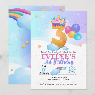 Unicorn invitation, Unicorn 3rd Birthday Invitation
