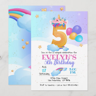 Unicorn invitation, Unicorn 5th Birthday Invitation