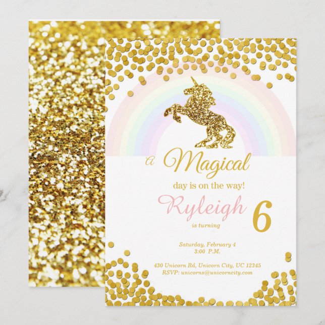 Unicorn invitations in gold (Front/Back)