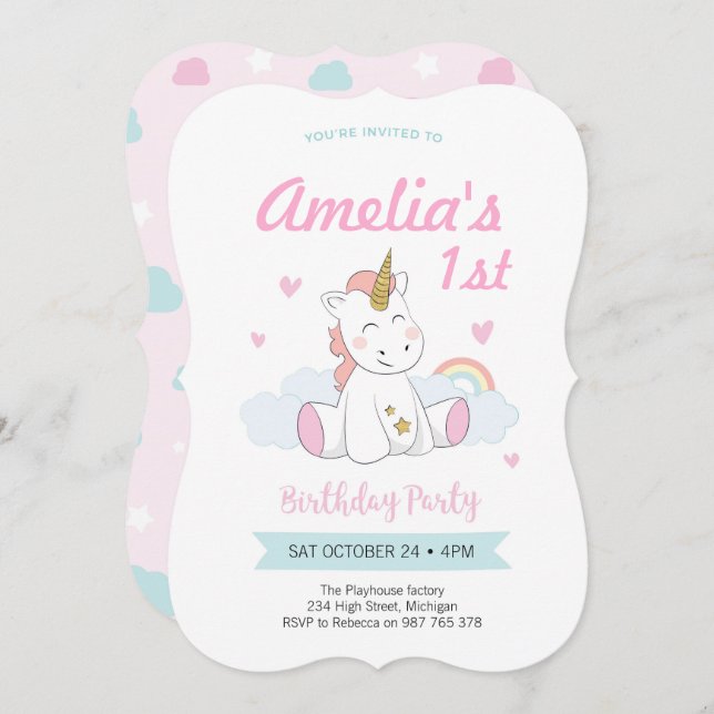 Unicorn invitations, Unicorn birthday invitations (Front/Back)