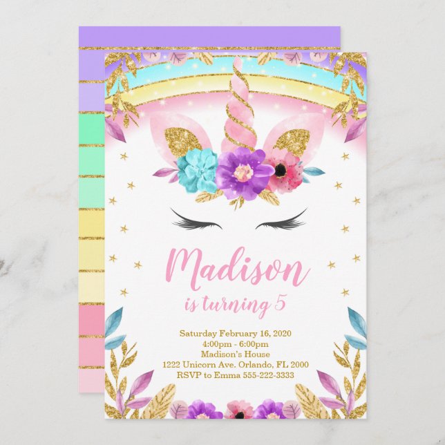 Unicorn Invite, Unicorn Invites, Unicorn Birthday Invitation (Front/Back)