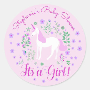 Unicorn Its A Girl Pink Baby Shower Personalised Classic Round Sticker