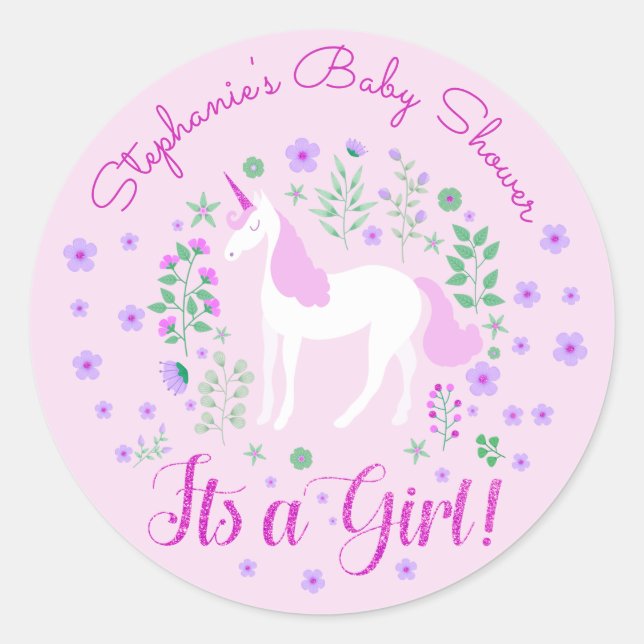 Unicorn Its A Girl Pink Baby Shower Personalised Classic Round Sticker (Front)