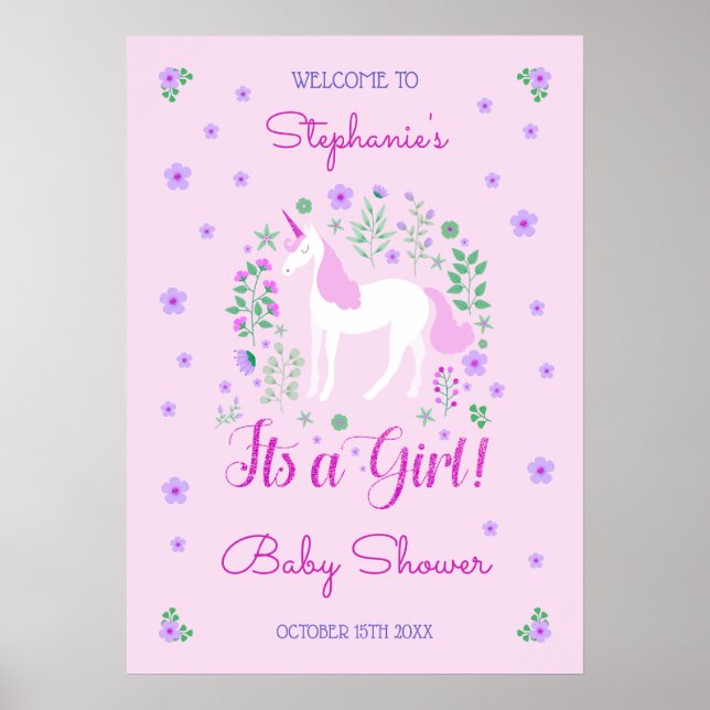Unicorn Its A Girl Pink Baby Shower Personalised Poster (Front)