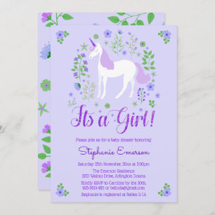 Unicorn Its A Girl Purple Baby Shower Invitation