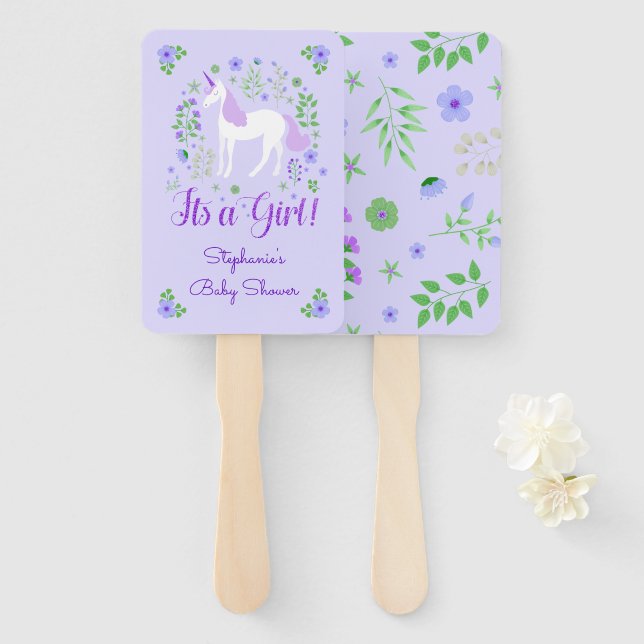 Unicorn Its A Girl Purple Baby Shower Personalised Hand Fan (Front and Back)