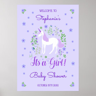 Unicorn Its A Girl Purple Baby Shower Personalised Poster