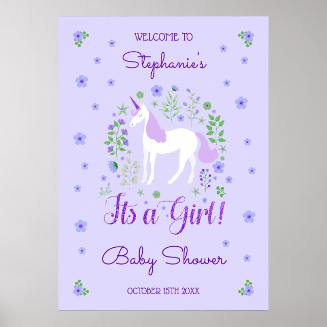 Unicorn Its A Girl Purple Baby Shower Personalised Poster (Front)
