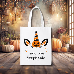 Unicorn Jack O Lantern With Name Reusable Grocery Bag