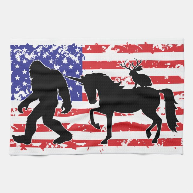 Unicorn, Jackalope, Bigfoot and the American Flag Tea Towel (Horizontal)