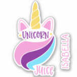 Unicorn Juice Cute Girly Custom Personalised Name<br><div class="desc">Unicorn Juice Cute Girly Custom Personalised Name Stickers Labels features a cute unicorn with your personalised name and the text "Unicorn Juice" in modern hand written script typography. Personalise by editing the text in the text box provided. Perfect for water bottles, birthday party favours and gifts. Designed by ©Evco Studio...</div>