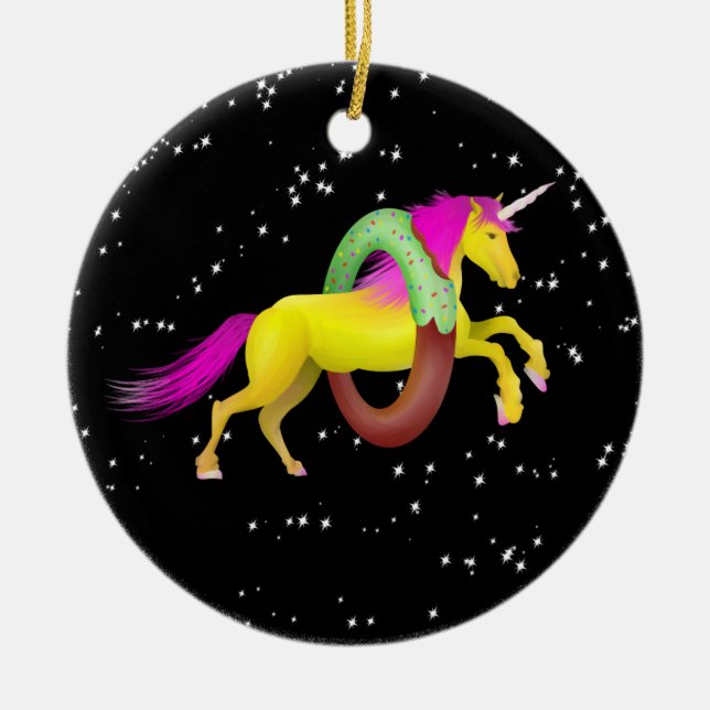 Unicorn Jumping Through a Doughnut Ceramic Tree Decoration (Front)
