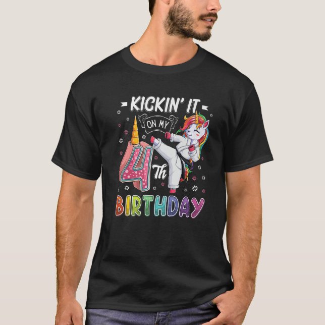 Unicorn Karate 4Th Birthday Four 4 Years Old Taekw T-Shirt (Front)