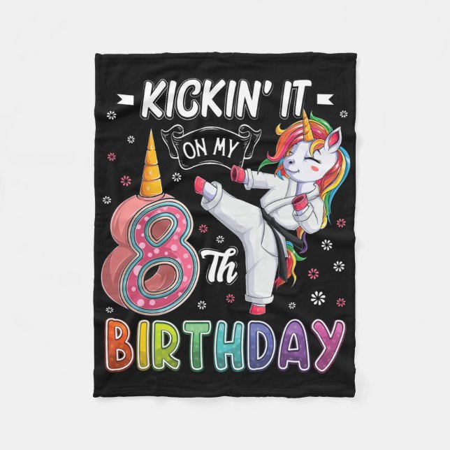 Unicorn Karate 8th Birthday Eight 8 Years Old Taek Fleece Blanket (Front)