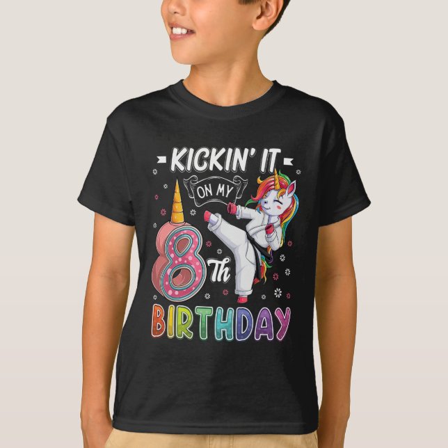 Unicorn Karate 8th Birthday Eight 8 Years Old Taek T-Shirt (Front)