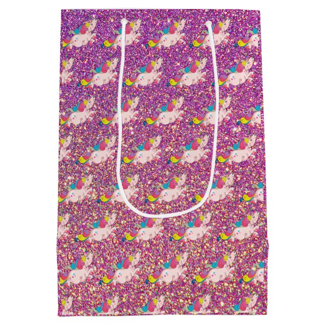 Unicorn Kawaii Rainbow Gold Purple Pink Glitter Medium Gift Bag (Back)