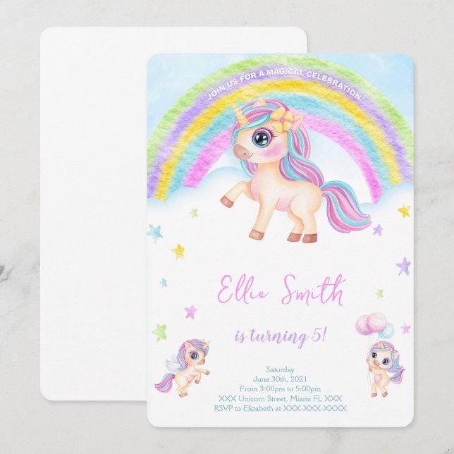 Unicorn Kids Birthday Invitation  (Front/Back)