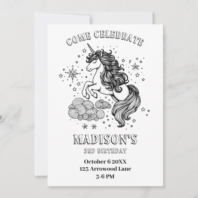 Unicorn Kids Birthday Party Personalised Colouring Invitation (Front)