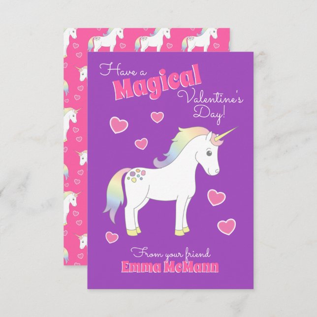 Unicorn Kids Classroom Valentine Cards (Front/Back)