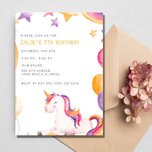 Unicorn Kids Girl 5th Birthday Party Invitation