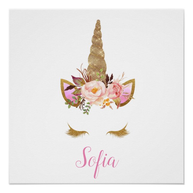 Unicorn Kid's Name Pink Floral Magical Nursery Poster (Front)